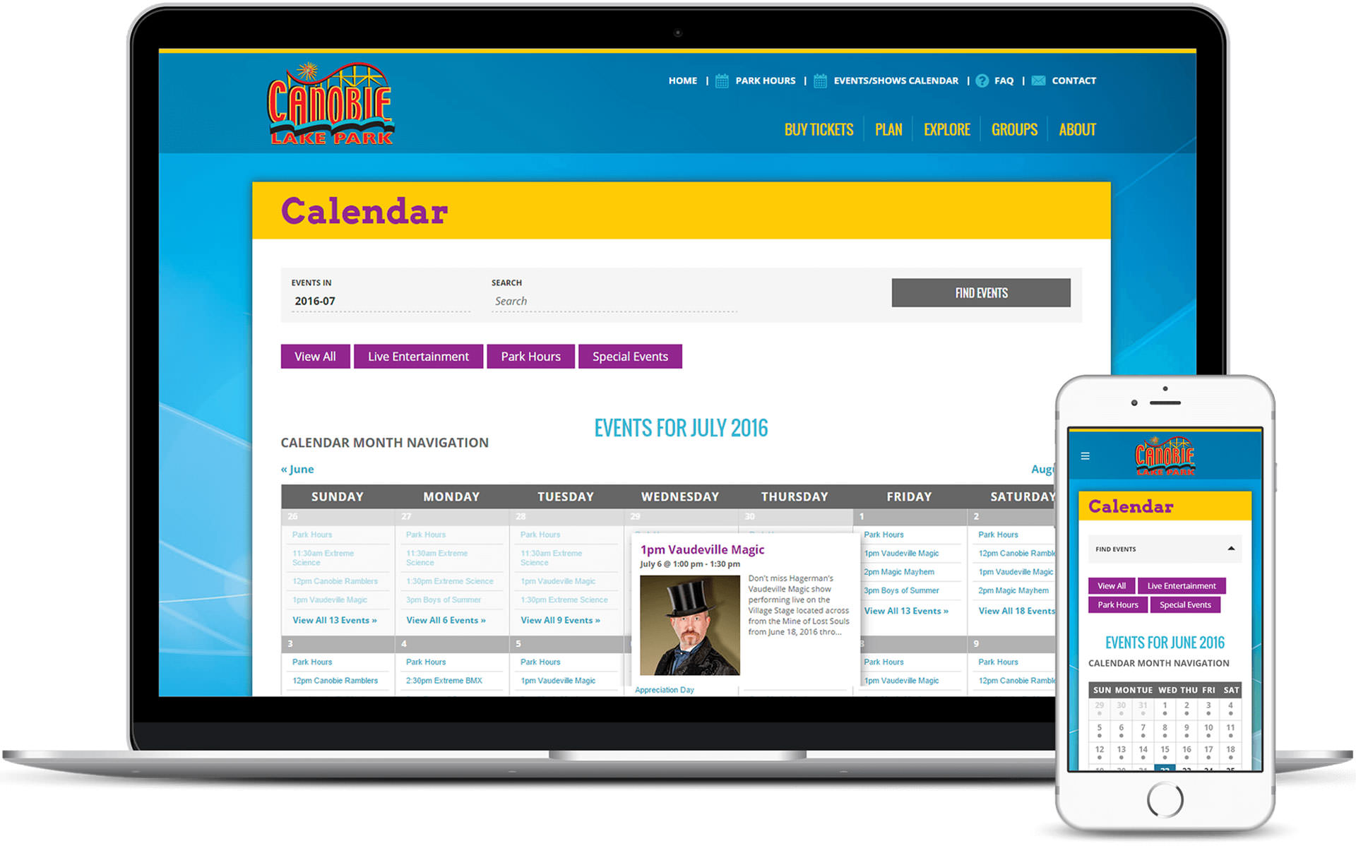 Events Calendar for Canobie Lake Park on laptop and phone