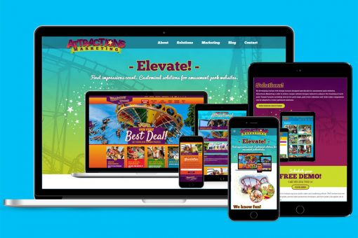 Attractions Marketing on multiple devices, blue background