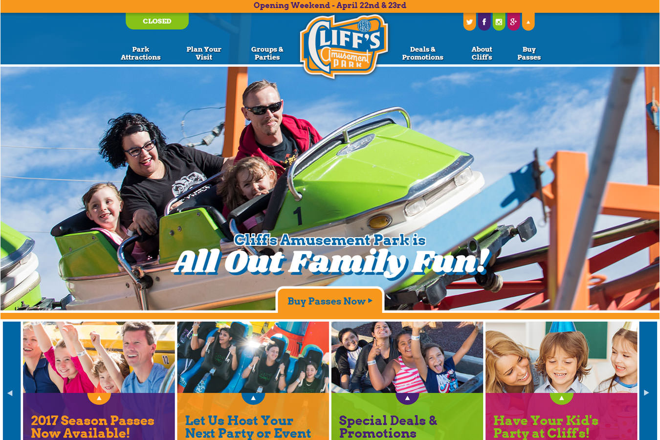 Cliff's Amusement Park website homepage