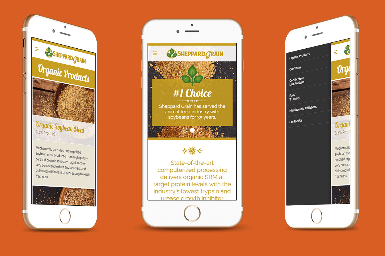 Sheppard Grain website displayed on 3 smartphones