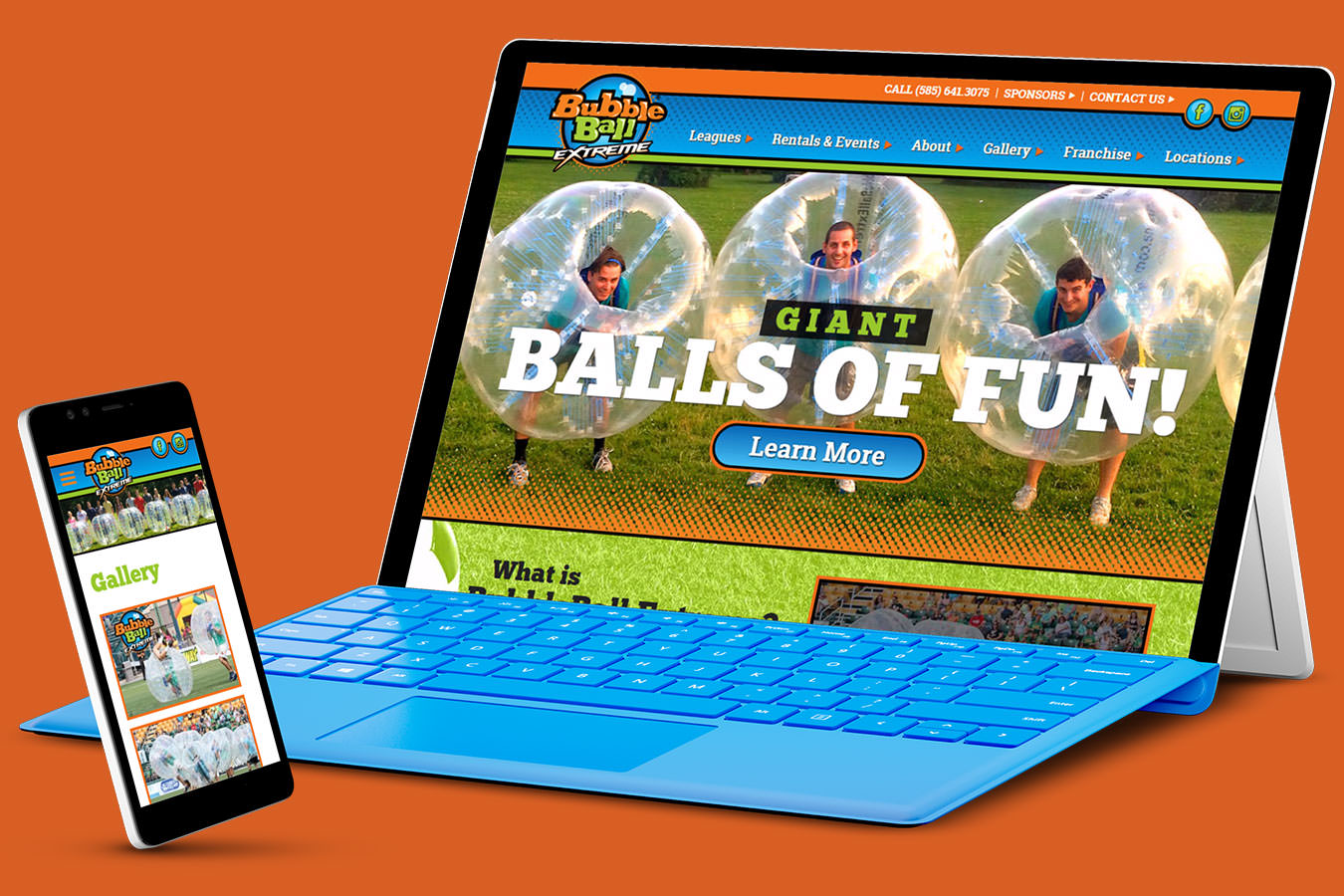 Bubbleball Extreme website on Microsoft Surface and phone