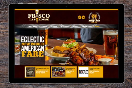 Frisco Tap House website on a tablet, wooden desk background